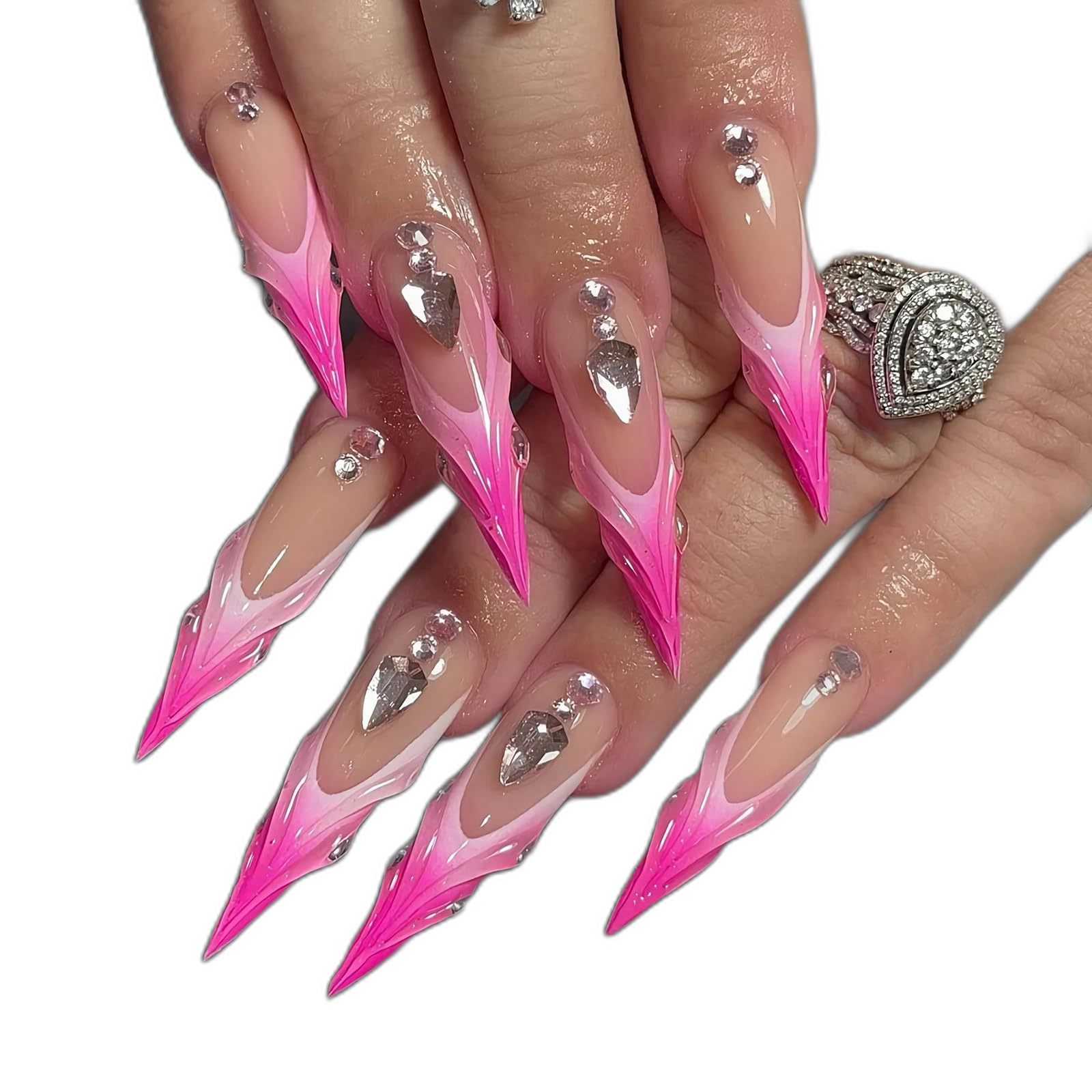 Blush French Tip Press-On Nails with Rhinestones